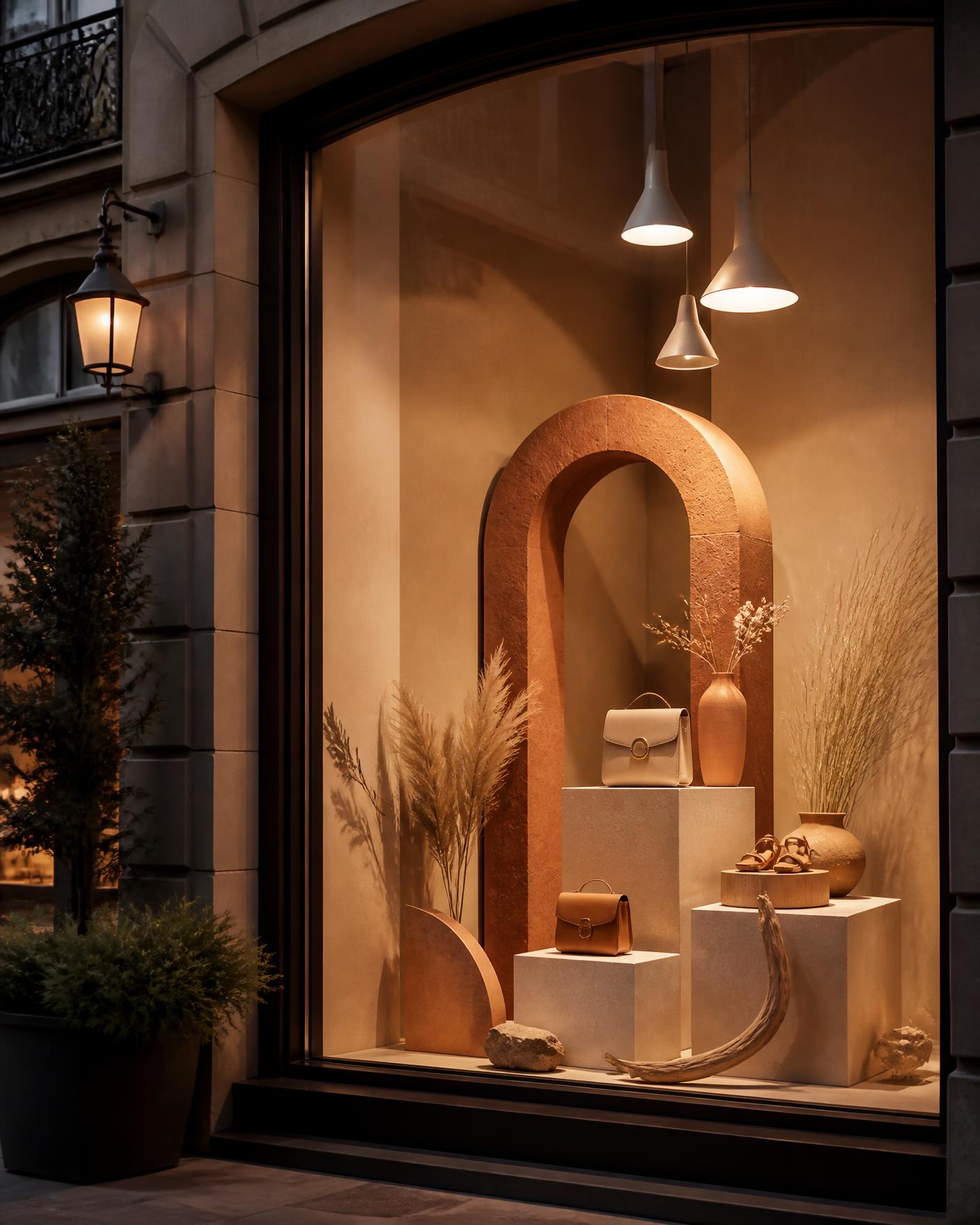 Escaparate comercial de noche con arco de terracotta, peanas de arena e iluminación cálida
