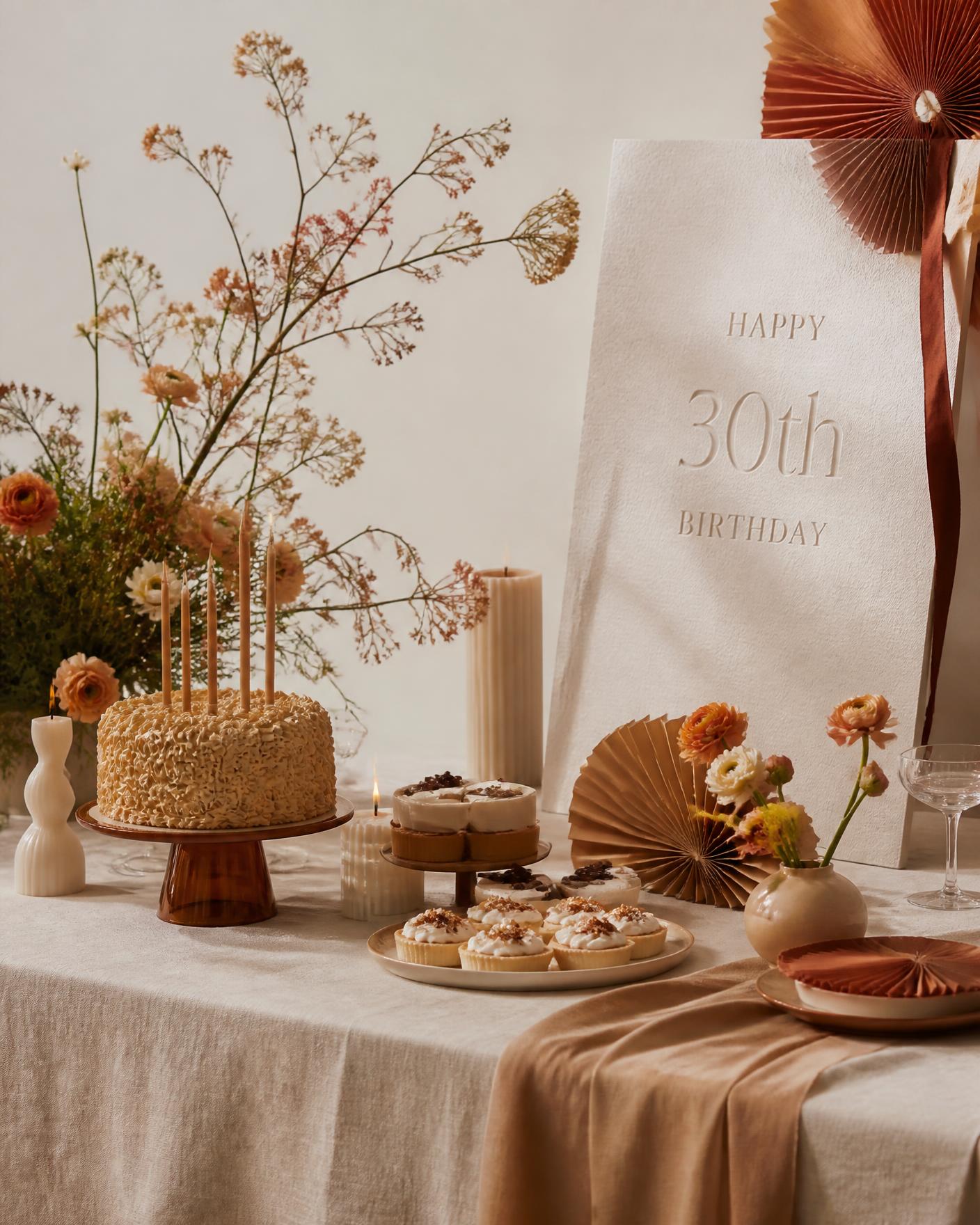 Mesa dulce de celebración privada con textiles beige, papelería personalizada y flores en tonos caramelo