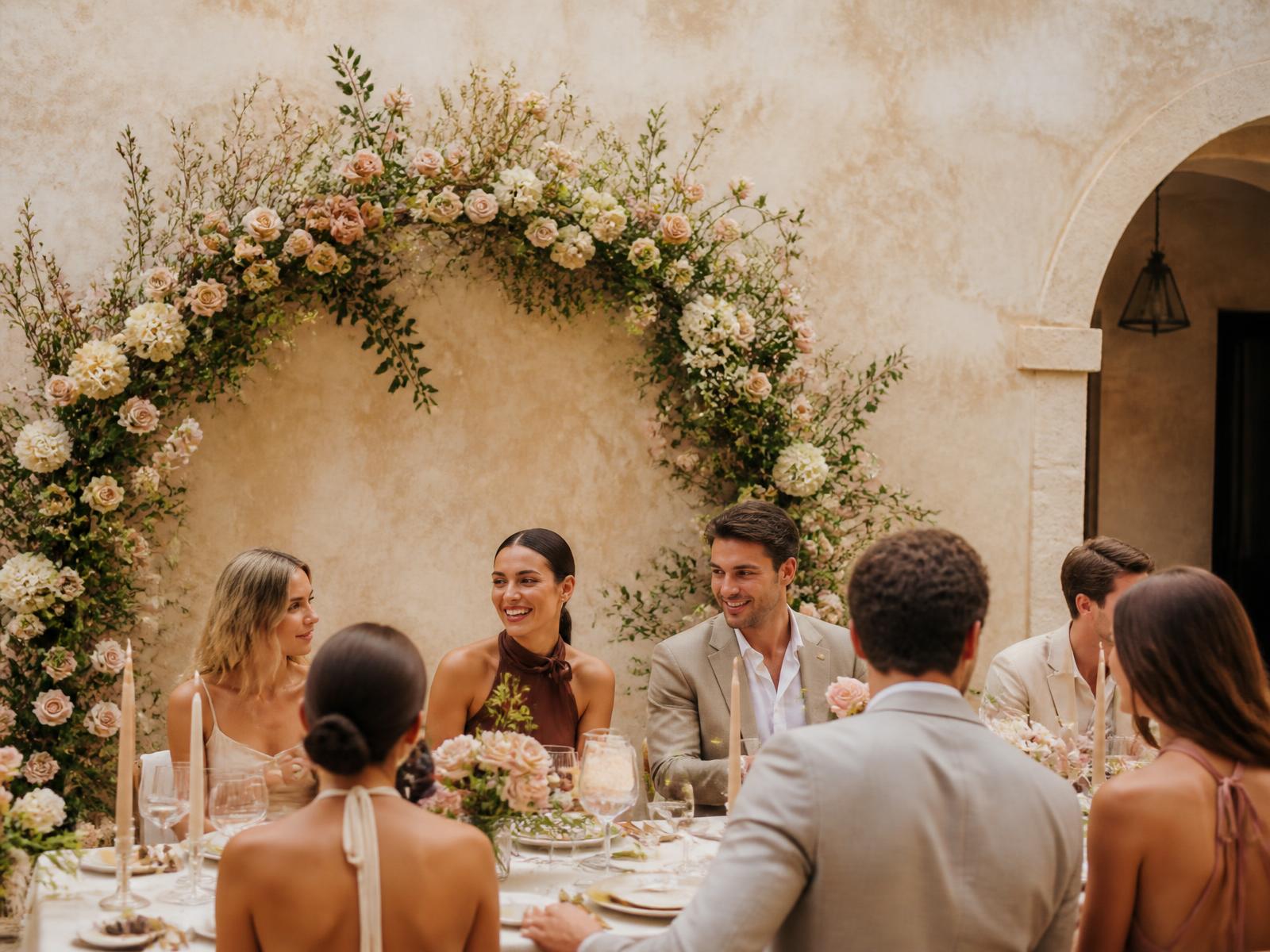 Celebración con arco floral en tonos nude sobre pared de cal en un patio mediterráneo