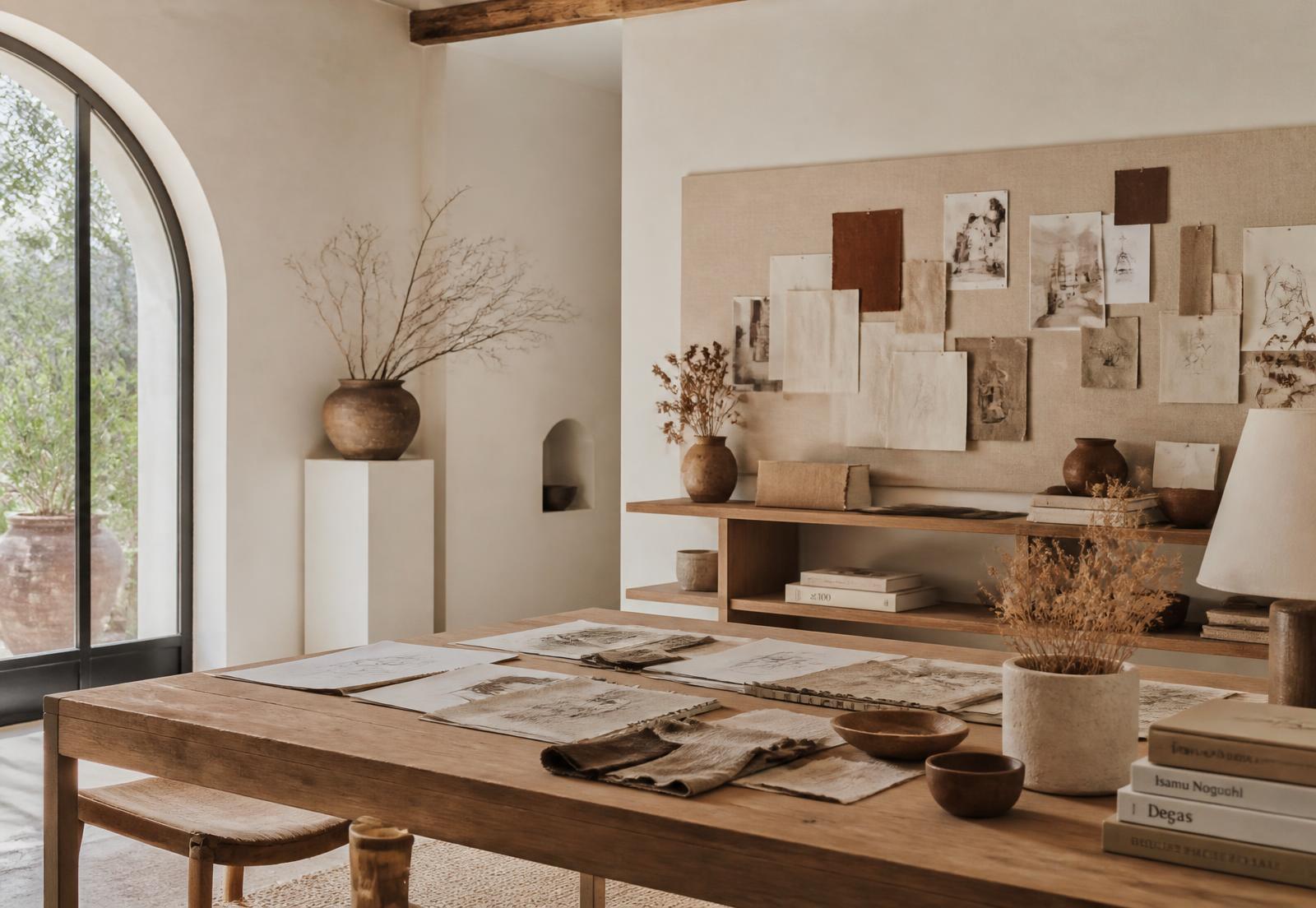 Interior de estudio de diseño mediterráneo con mesa de madera, bocetos y muestras de tejido